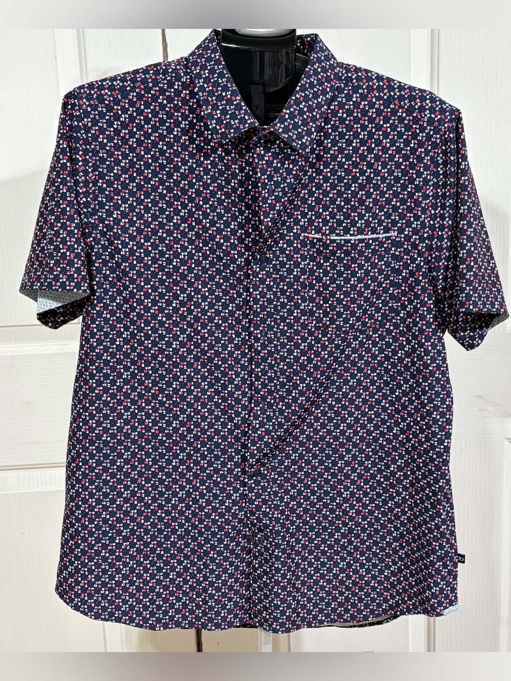 7 Diamonds Men's Short Sleeve Geometric Woven 4 Way Stretch Button Navy Red Sz L